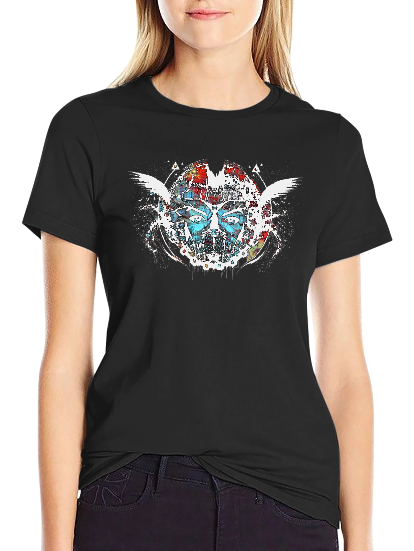 Abstract Face Graphic Print Black T-Shirt
