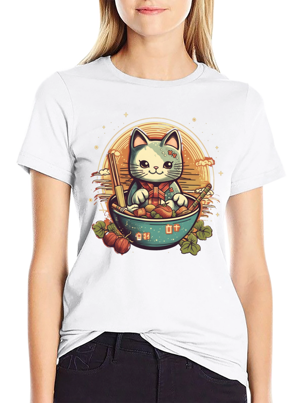 Cute Anime Cat Ramen Bowl Graphic Tee