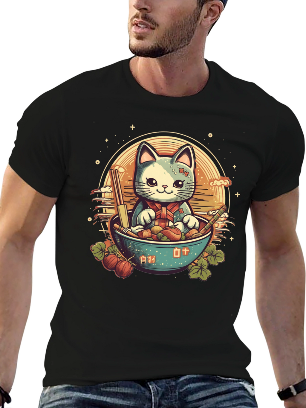 Cute Anime Cat Ramen Bowl Graphic Tee