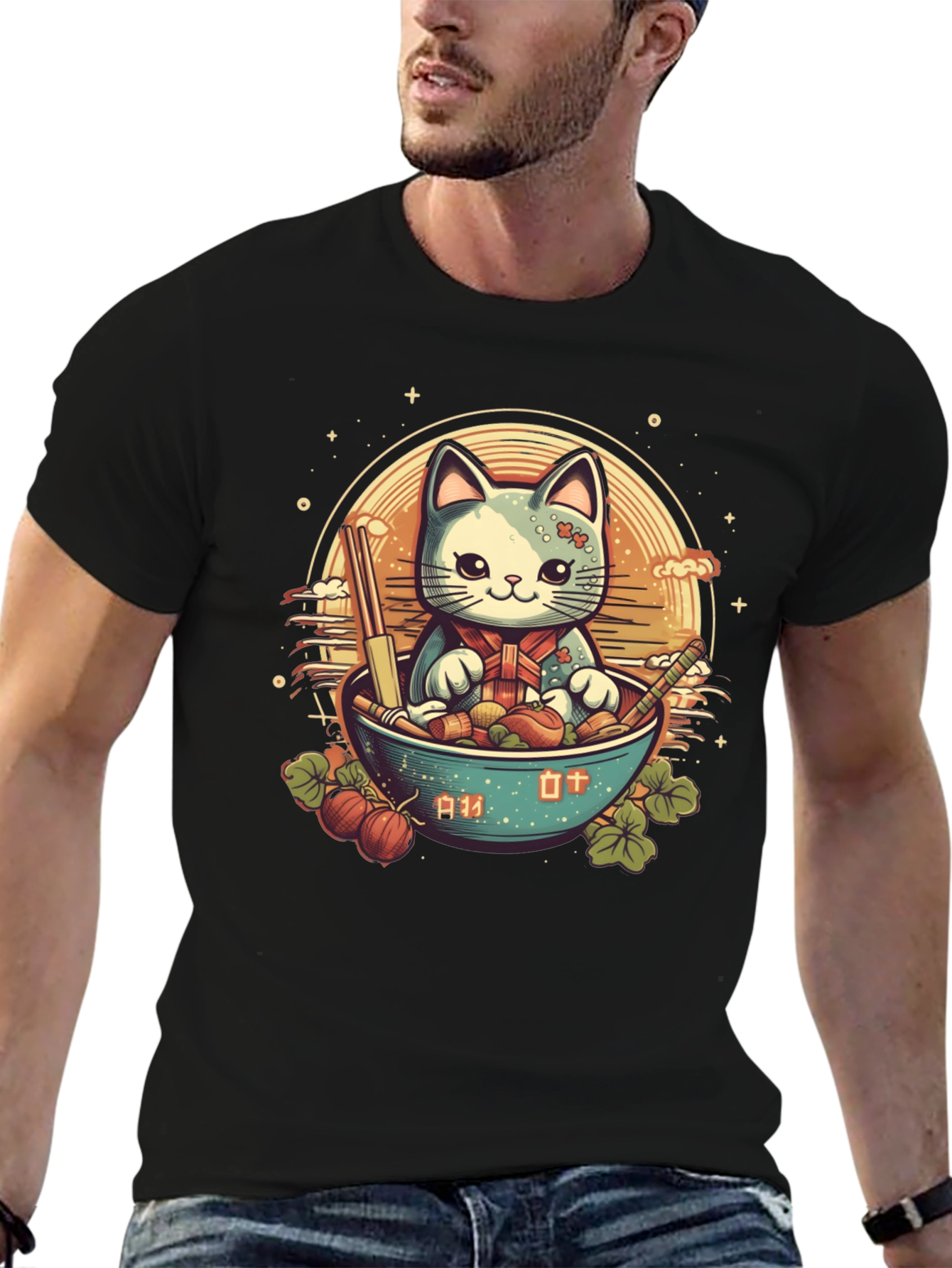 Cute Anime Cat Ramen Bowl Graphic Tee