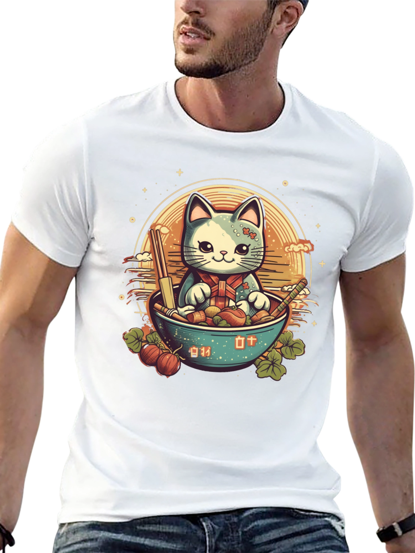 Cute Anime Cat Ramen Bowl Graphic Tee