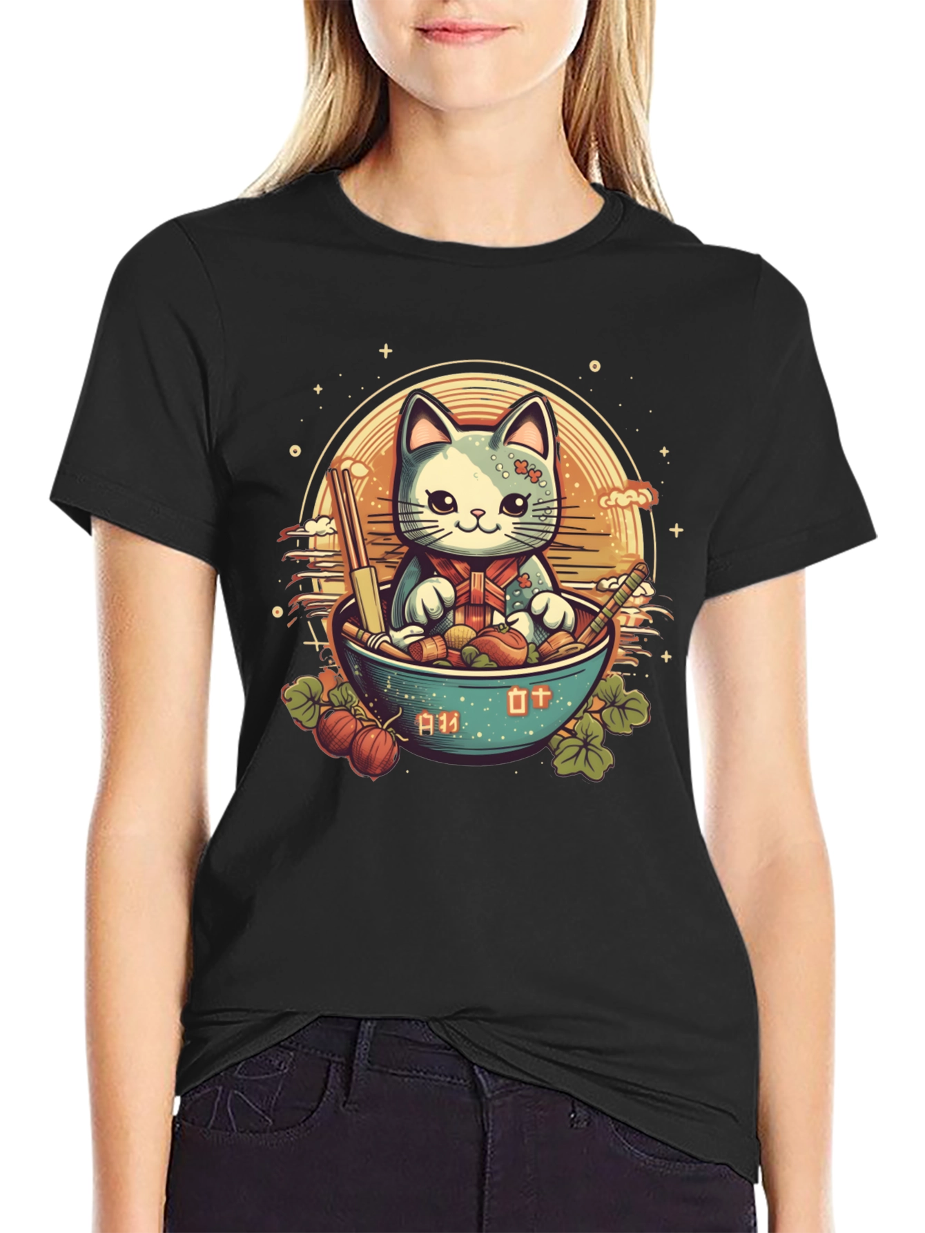 Cute Anime Cat Ramen Bowl Graphic Tee