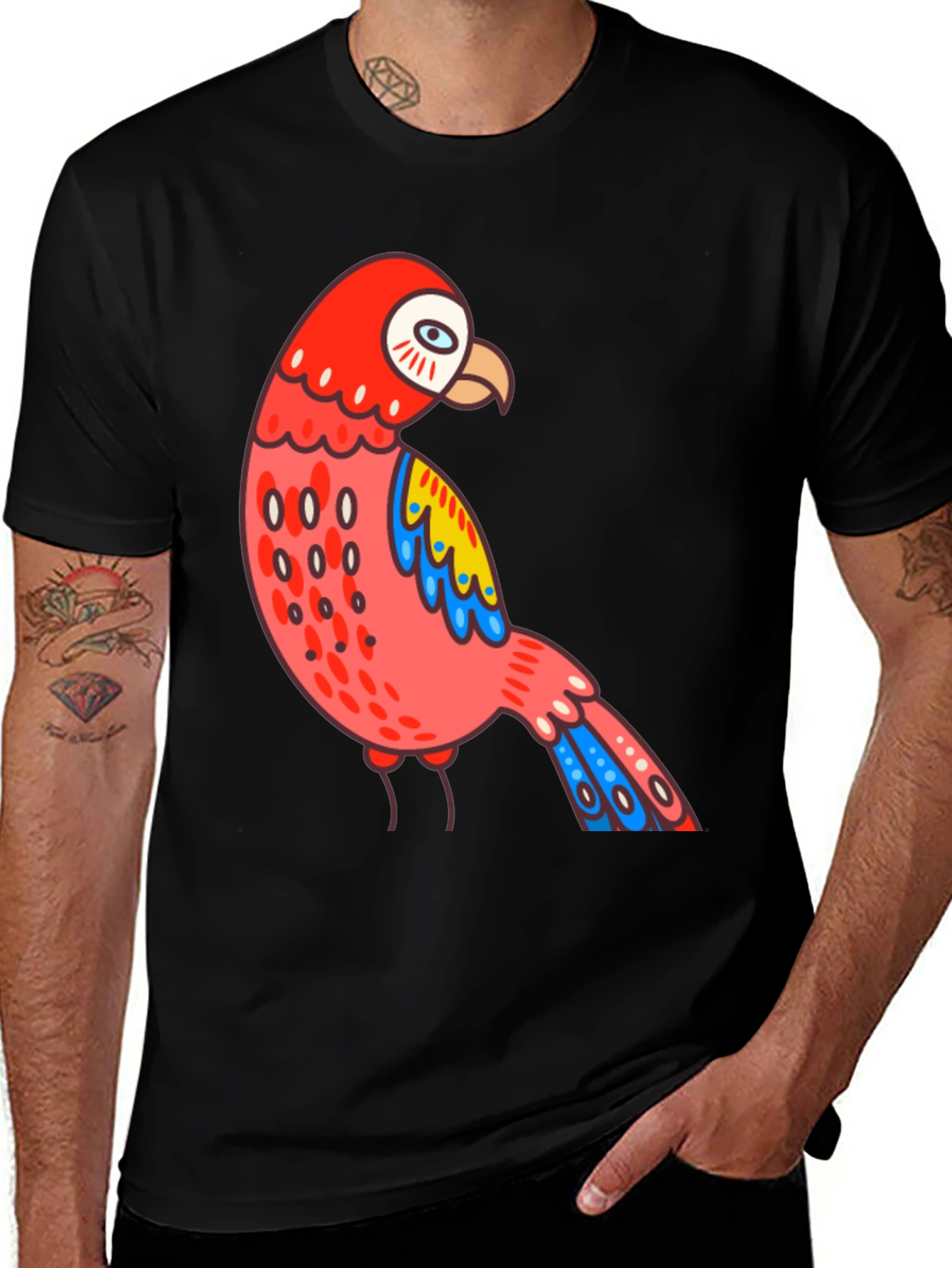 Black Parrot T-Shirt Quirky Bird Graphic Tee