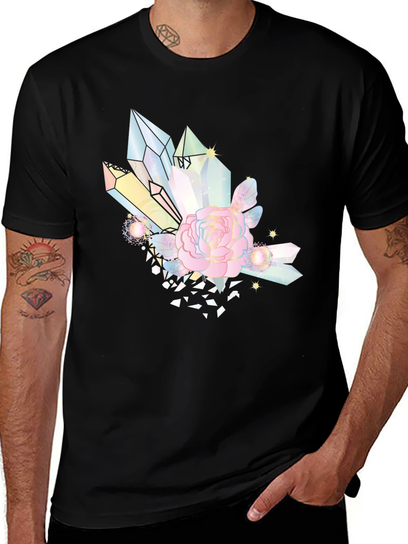 Crystal & Rose Graphic Tee - Stylish Black T-Shirt