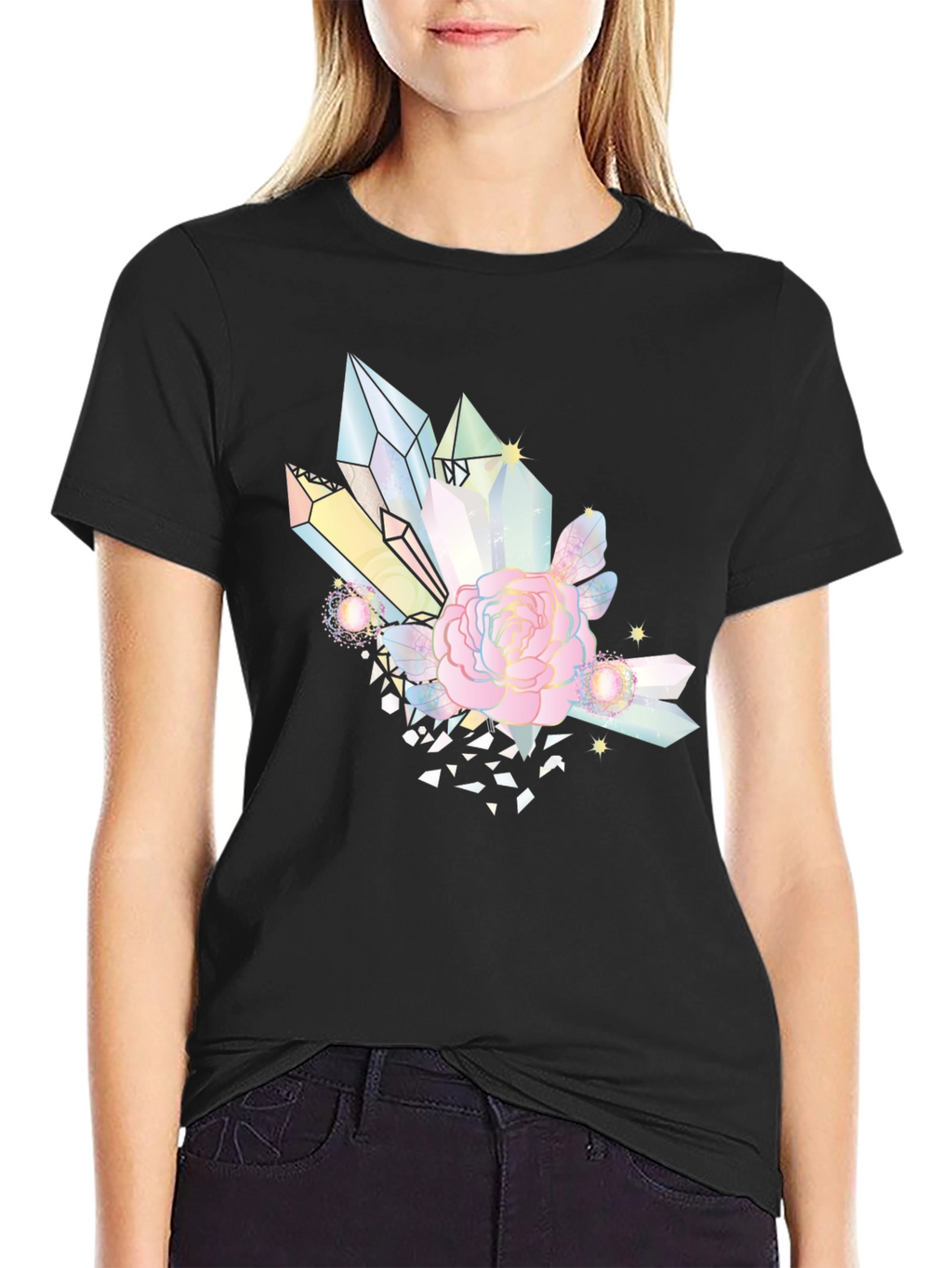 Crystal & Rose Graphic Tee - Stylish Black T-Shirt