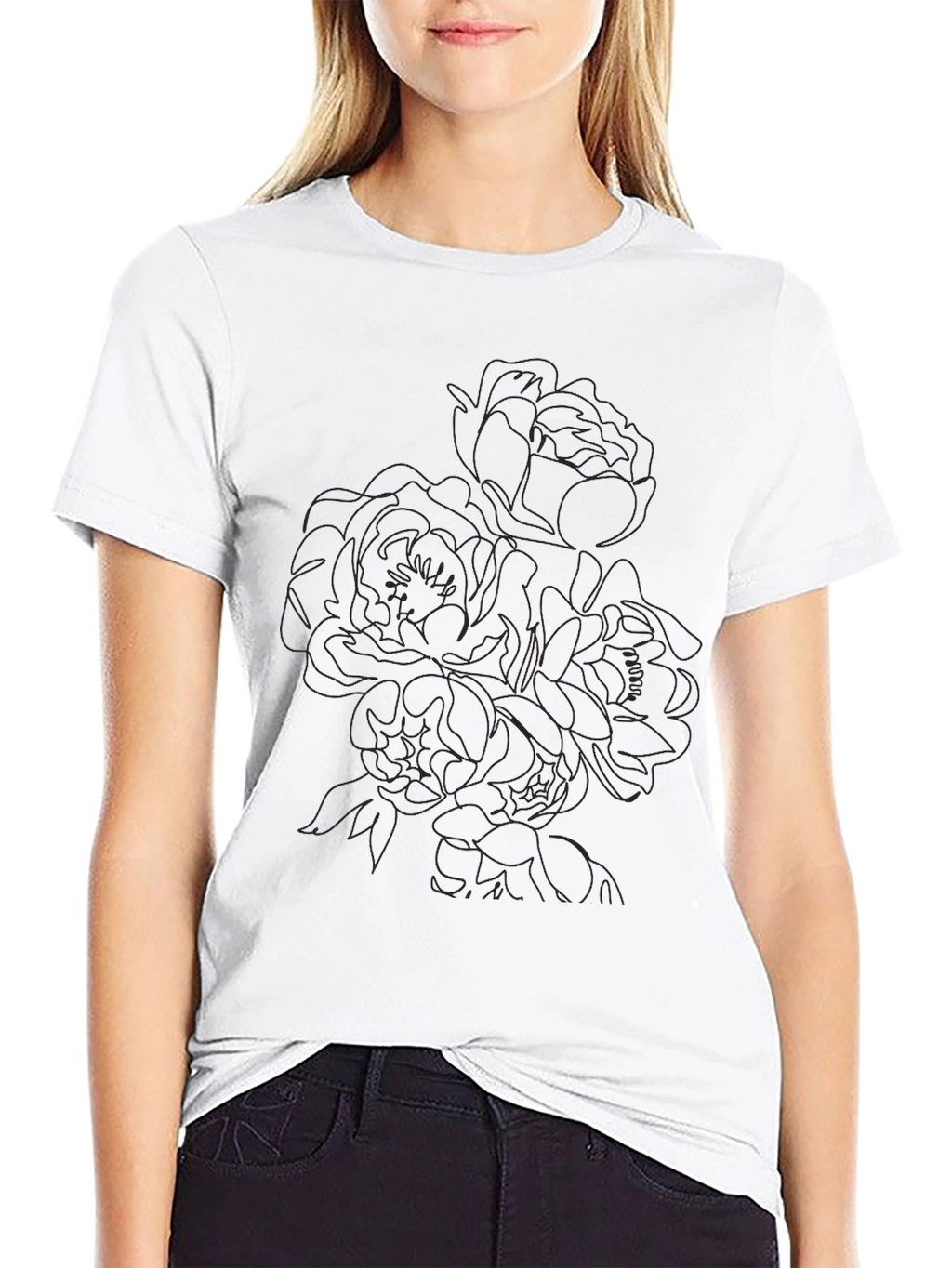 Black Floral Line Art T-Shirt