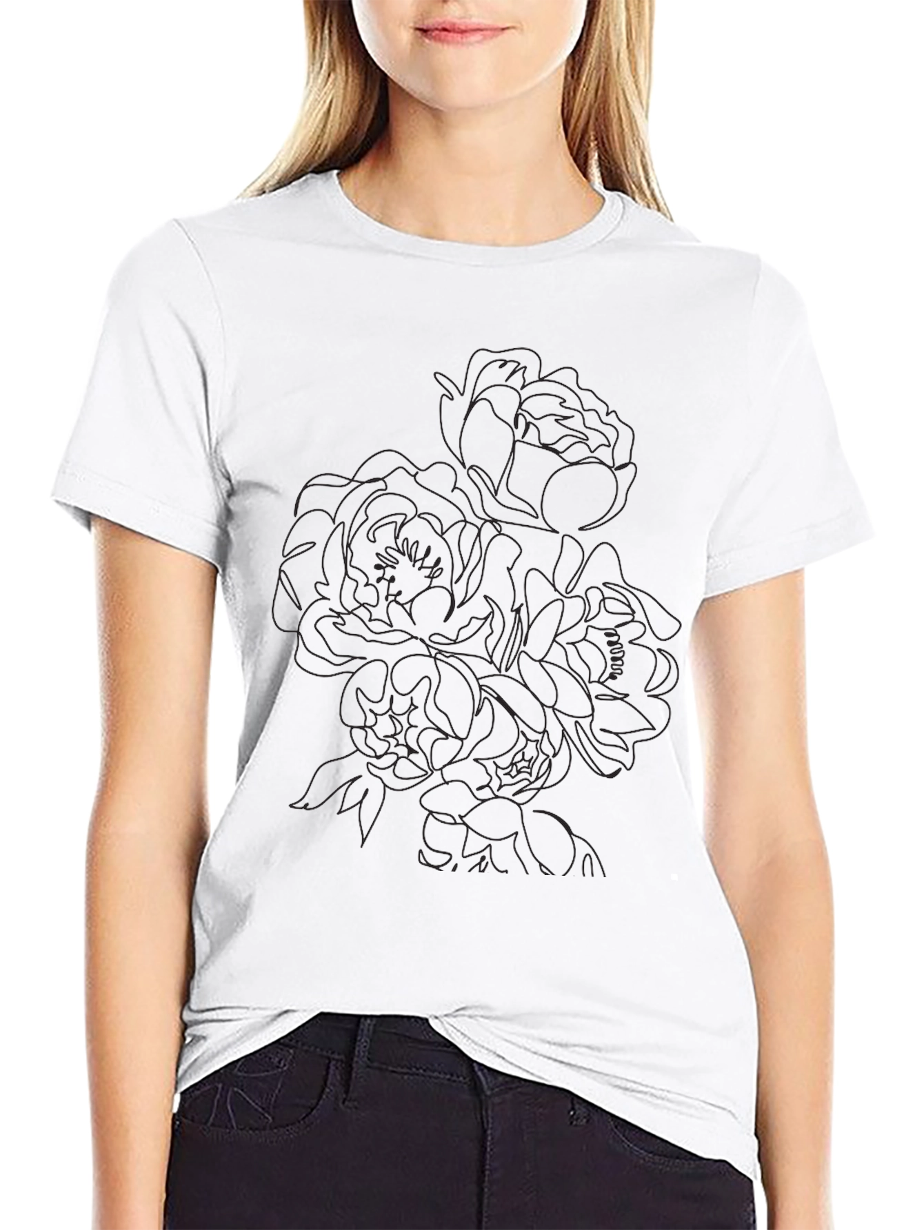 Black Floral Line Art T-Shirt