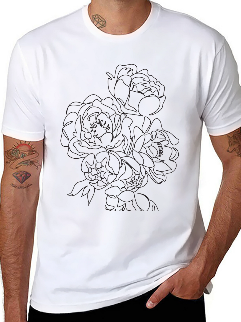Black Floral Line Art T-Shirt