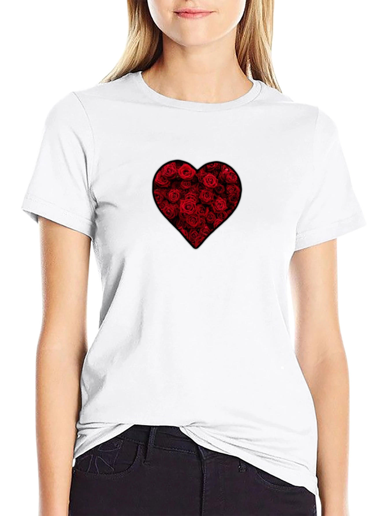Rose Heart Graphic Tee - Black Cotton Shirt