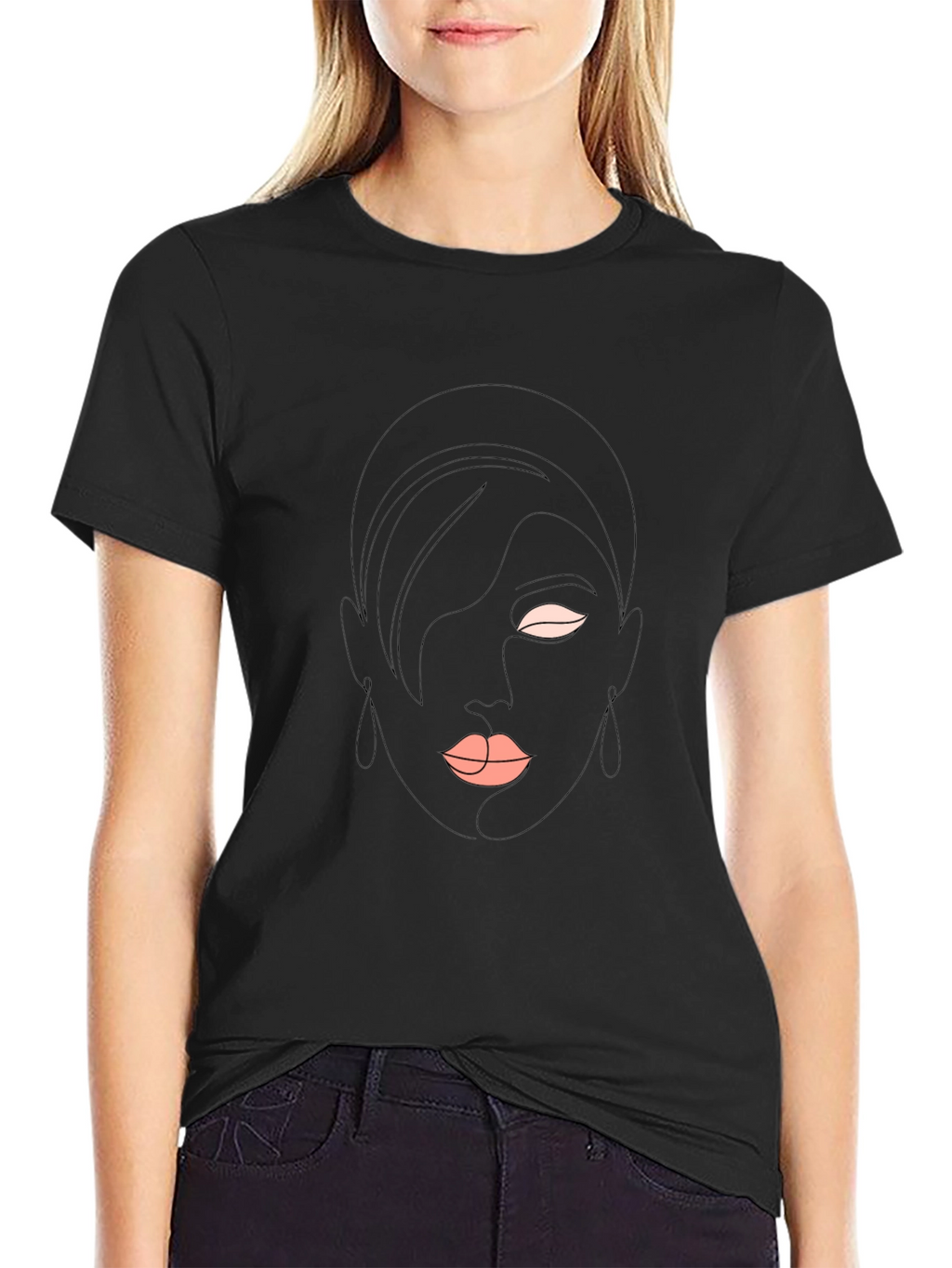 Abstract Face Line Art Black T-Shirt