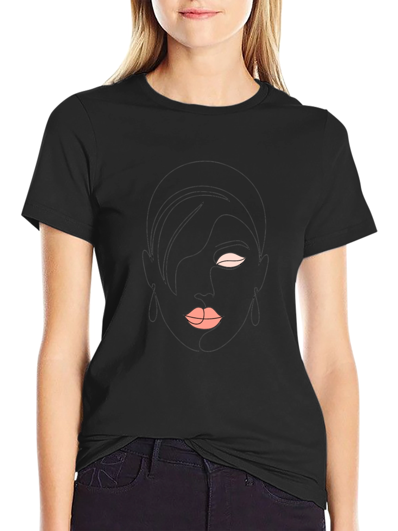 Abstract Face Line Art Black T-Shirt