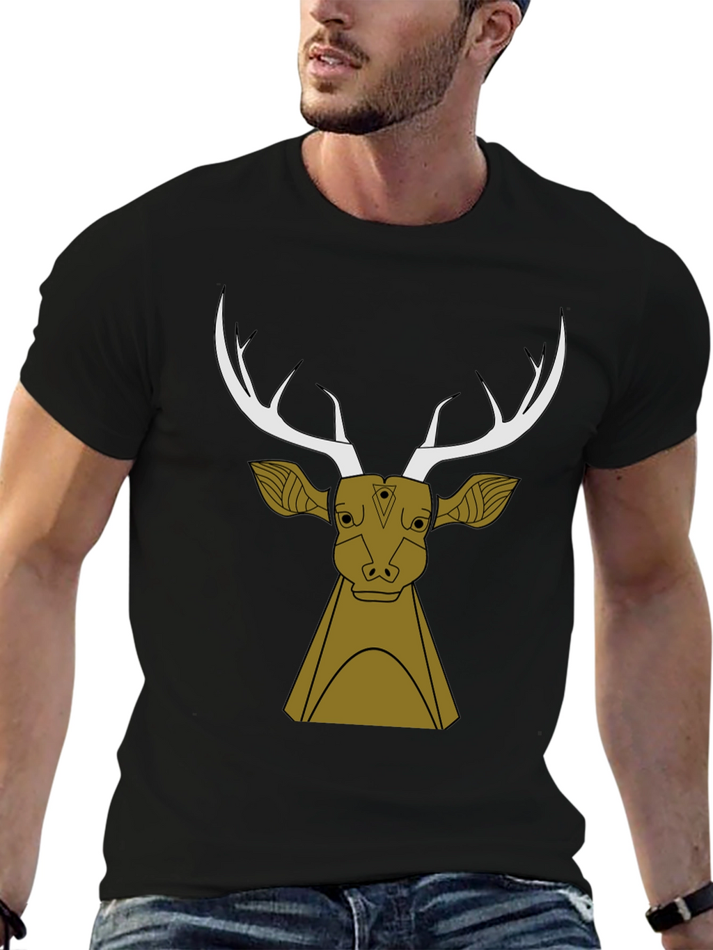 Stylish Black T-Shirt with Deer Graphic Design