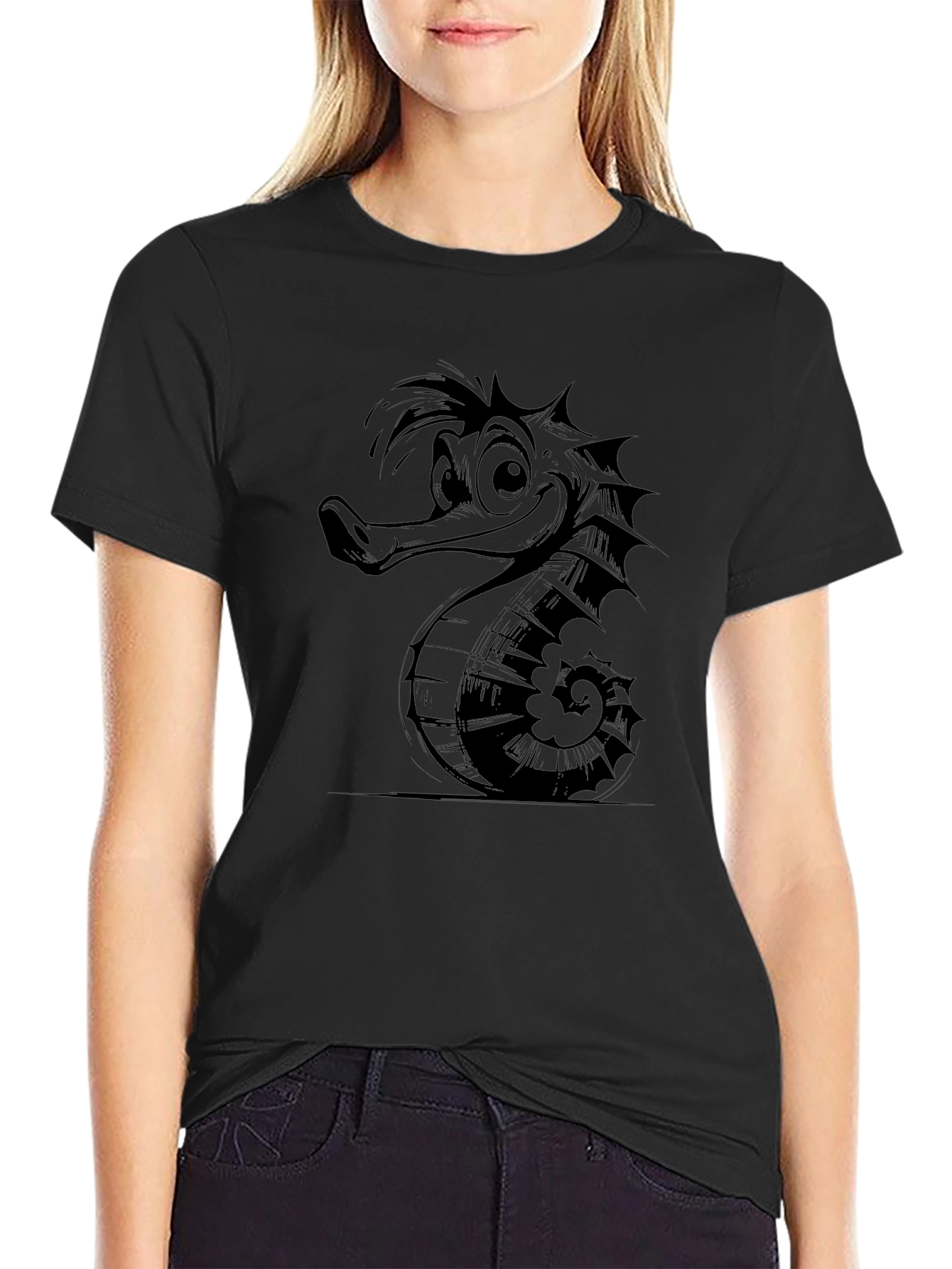 Cartoon Seahorse Graphic Print Tee