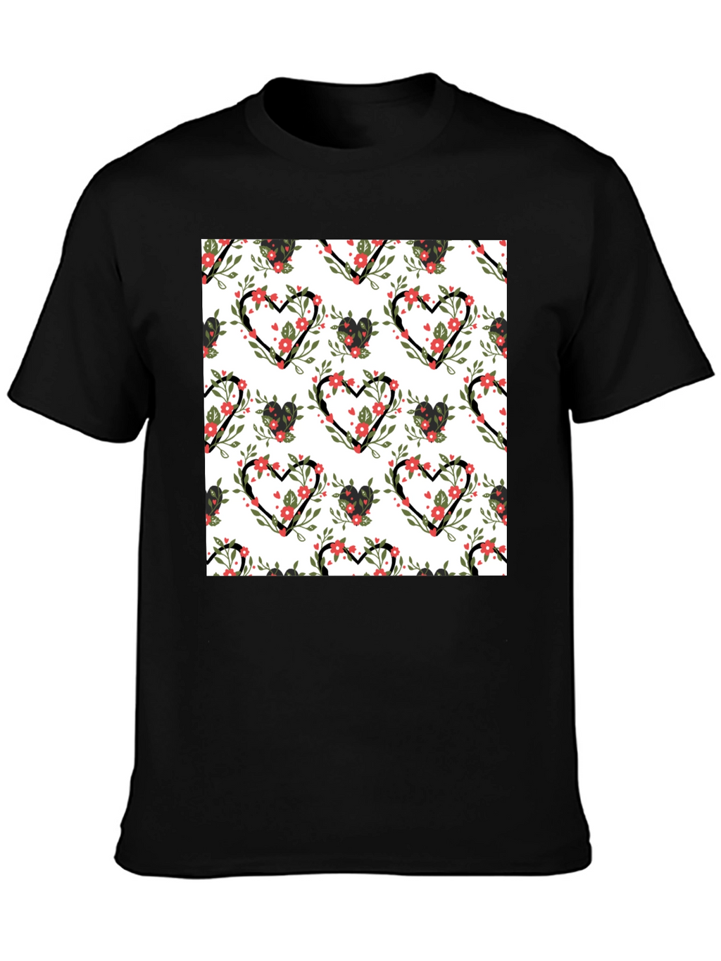 Floral Heart Pattern Black T-Shirt