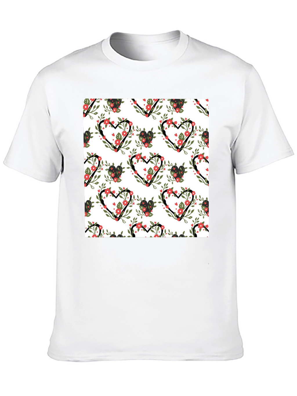 Floral Heart Pattern Black T-Shirt