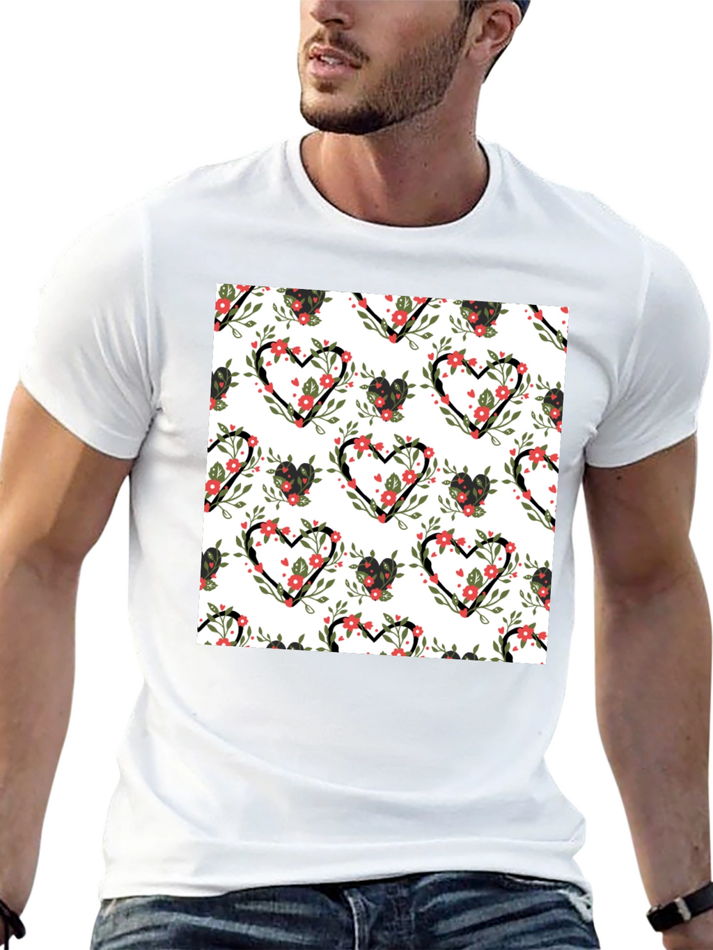 Floral Heart Pattern Black T-Shirt