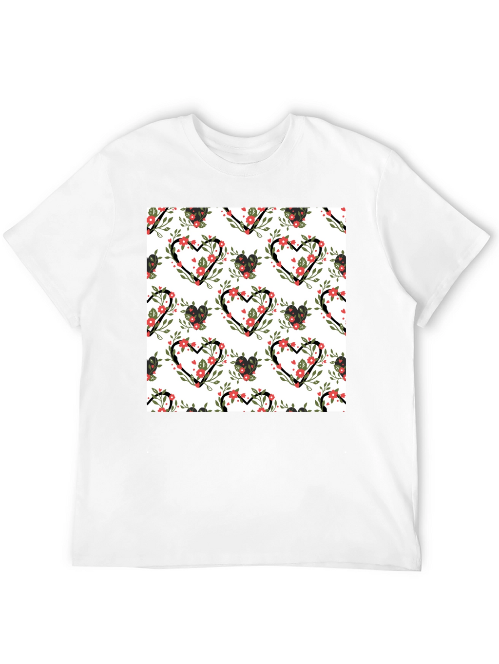 Floral Heart Pattern Black T-Shirt