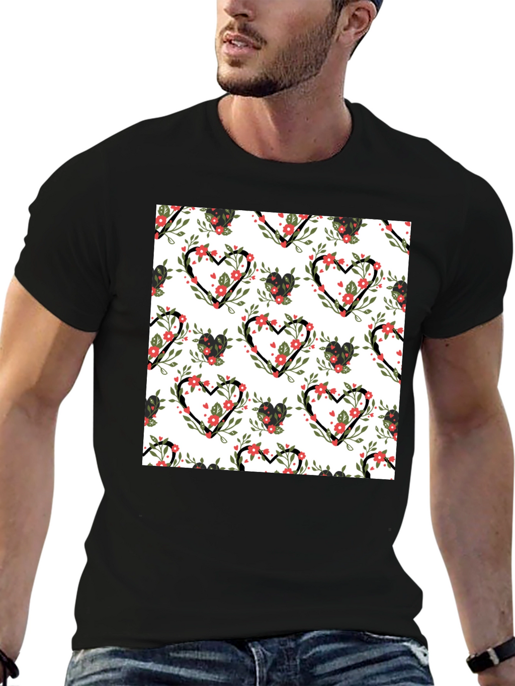 Floral Heart Pattern Black T-Shirt