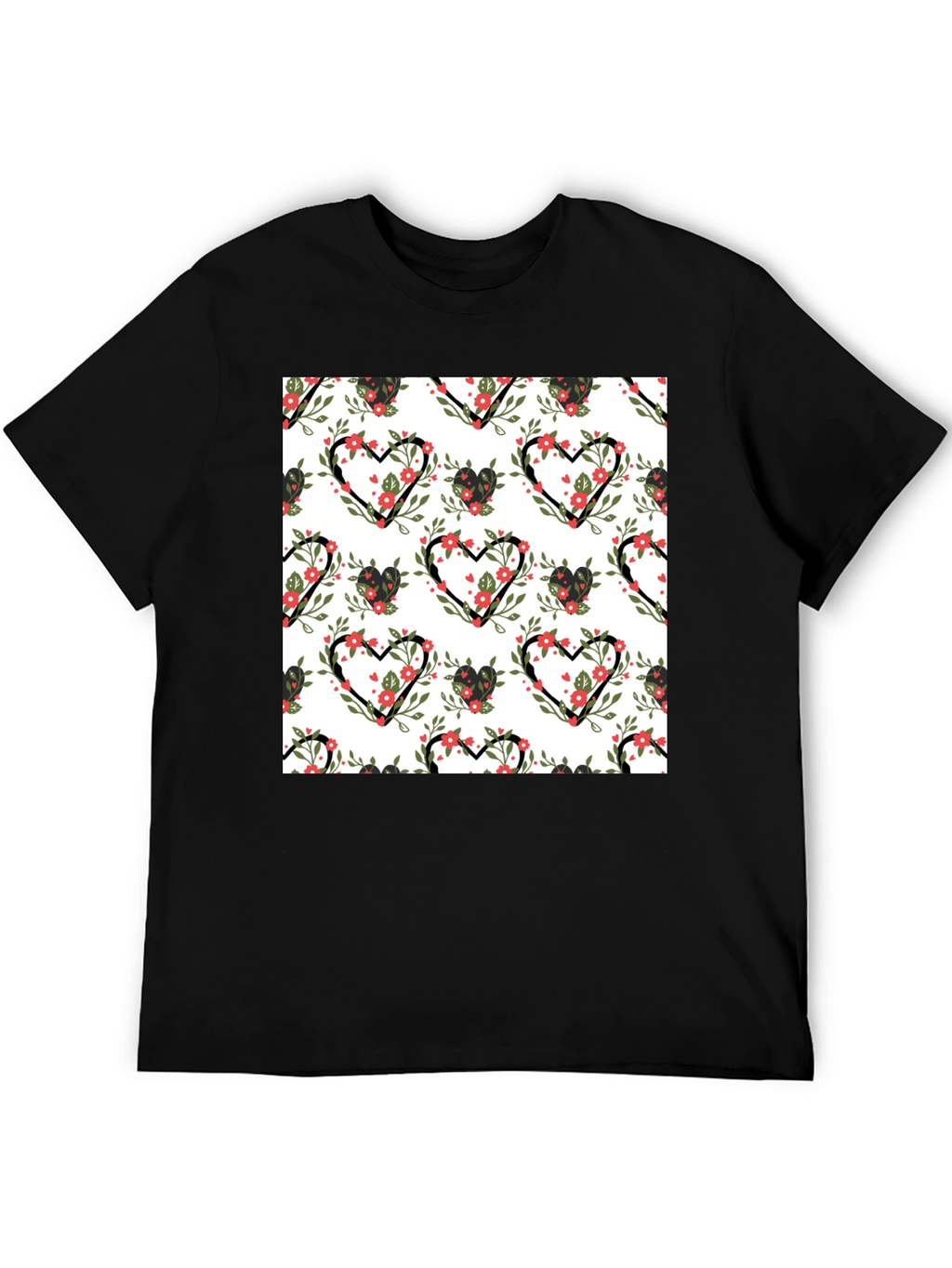 Floral Heart Pattern Black T-Shirt