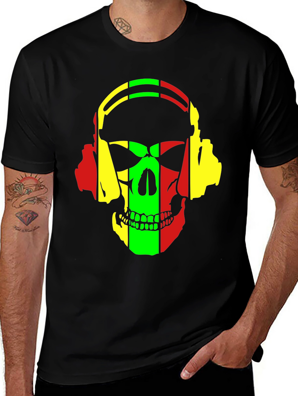 Rasta Skull Headphones Graphic T-Shirt