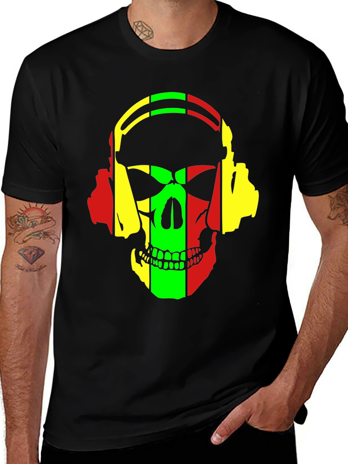 Rasta Skull Headphones Graphic T-Shirt