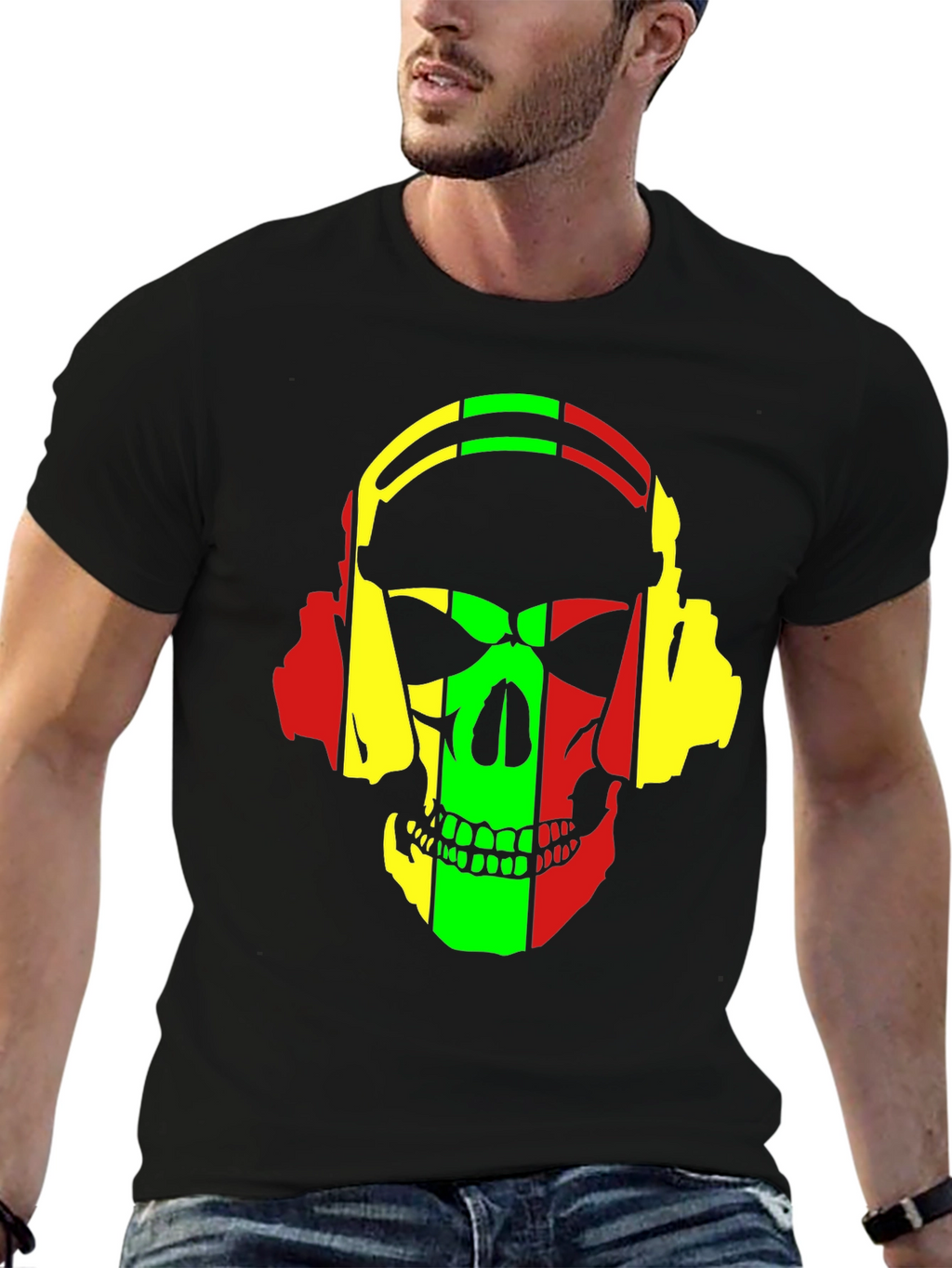 Rasta Skull Headphones Graphic T-Shirt