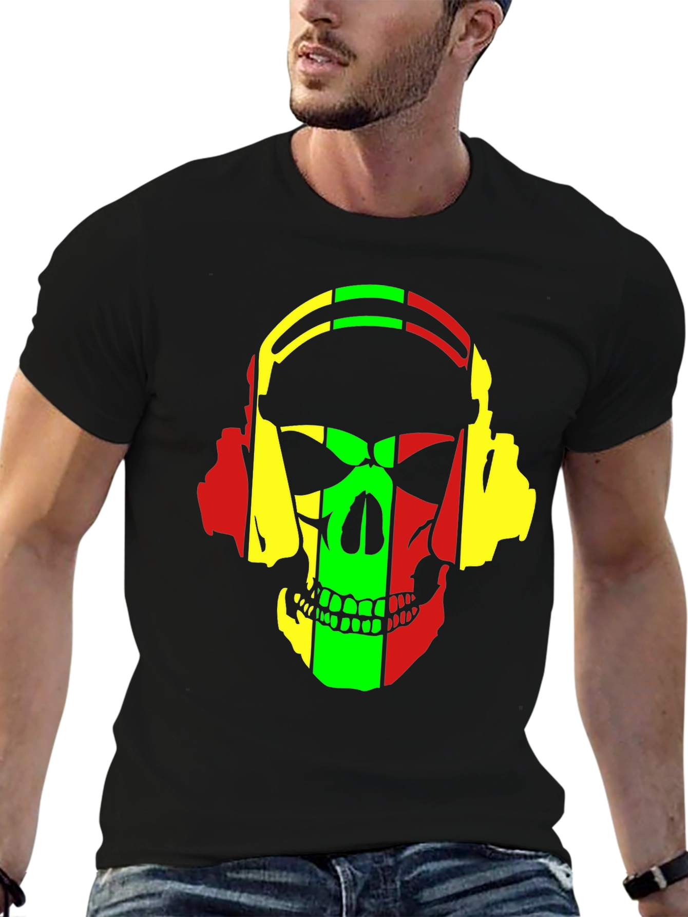 Rasta Skull Headphones Graphic T-Shirt