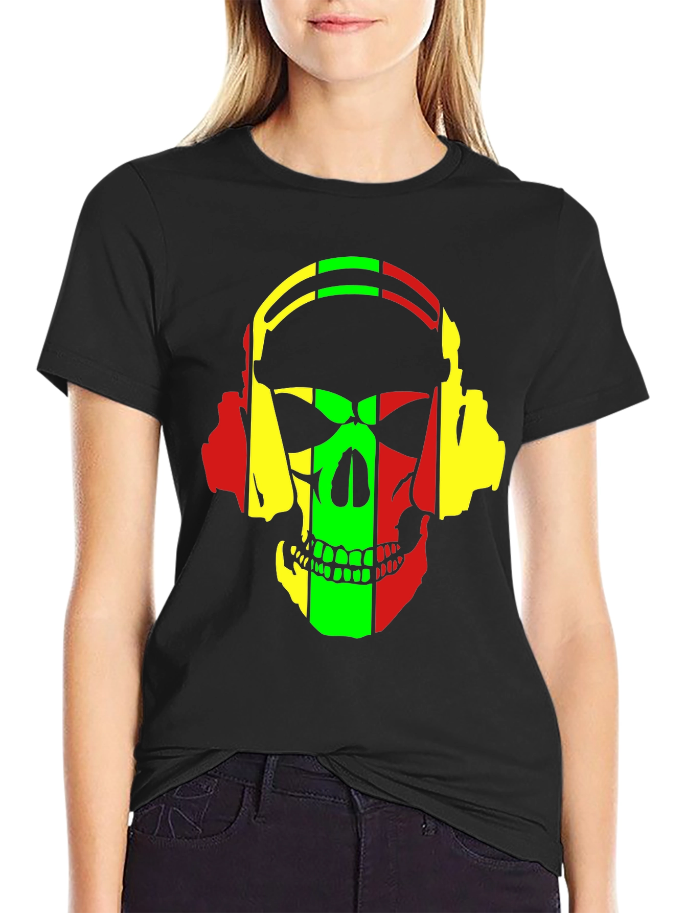 Rasta Skull Headphones Graphic T-Shirt