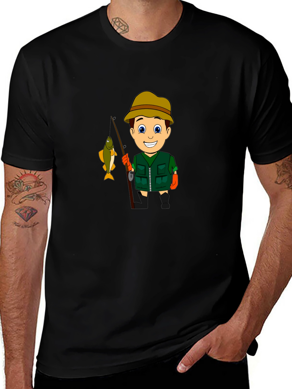 Cartoon Fisherman Graphic T-Shirt