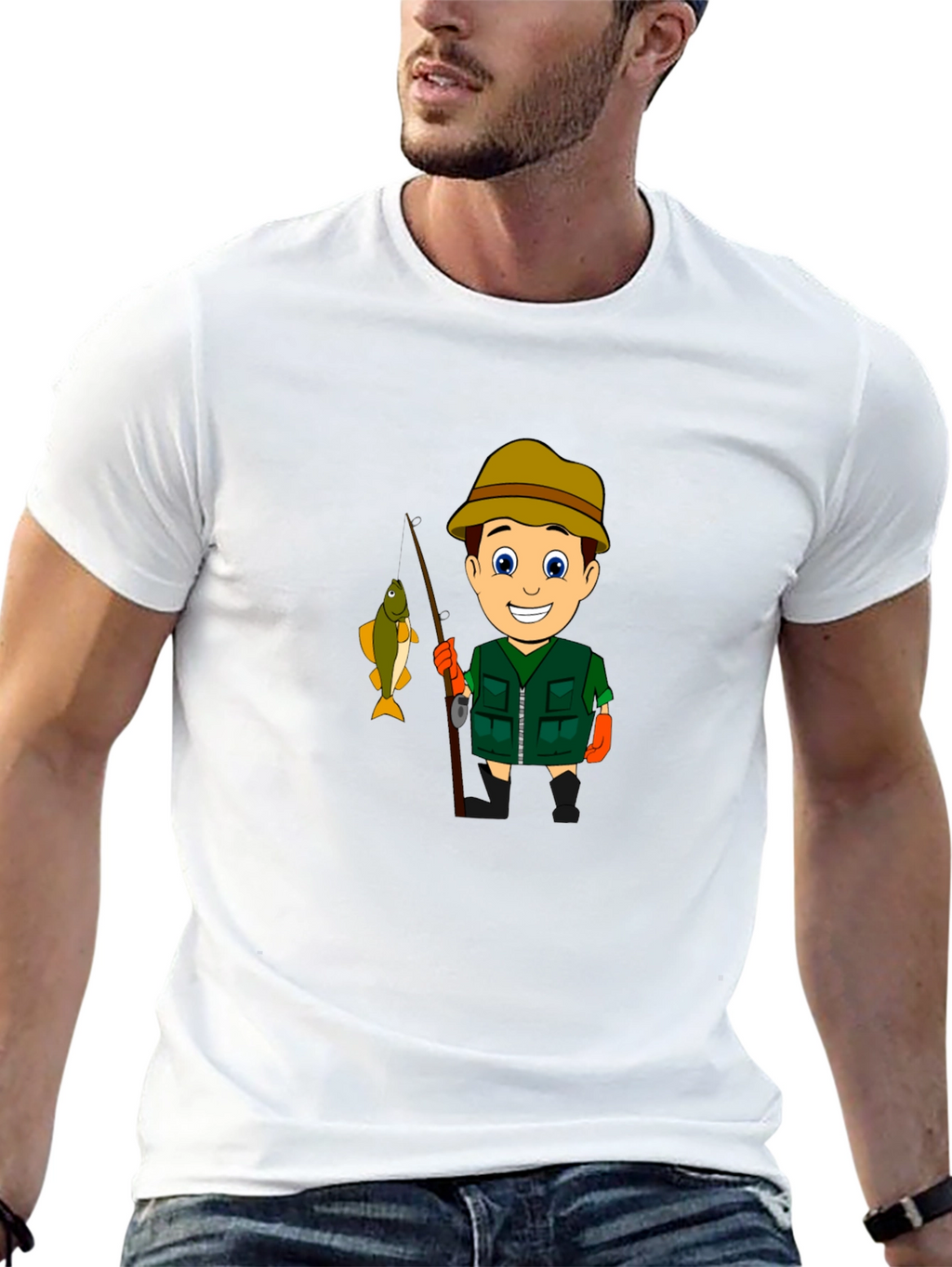 Cartoon Fisherman Graphic T-Shirt