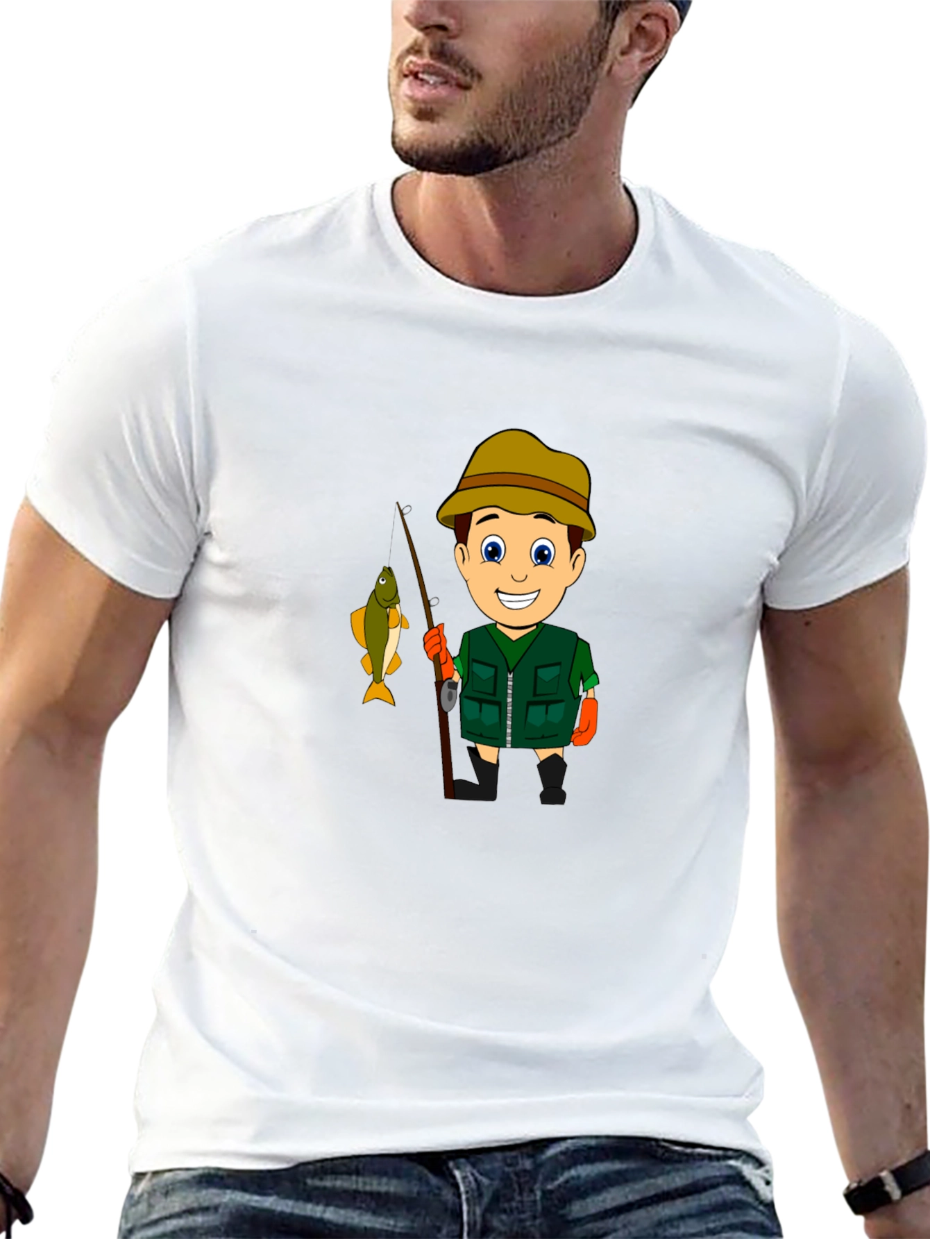 Cartoon Fisherman Graphic T-Shirt