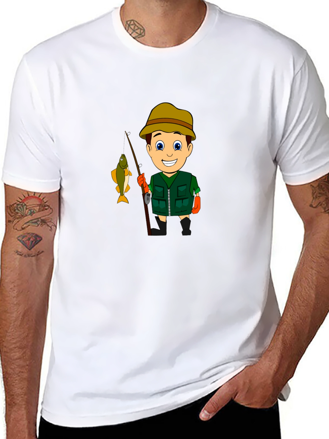 Cartoon Fisherman Graphic T-Shirt