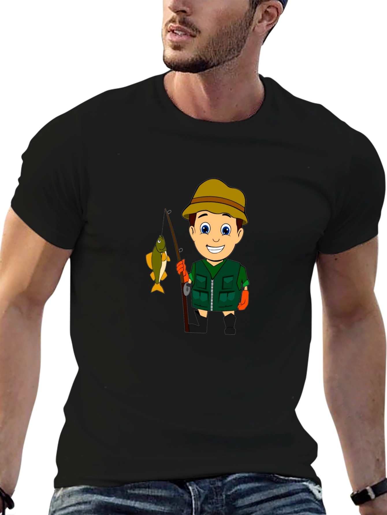 Cartoon Fisherman Graphic T-Shirt