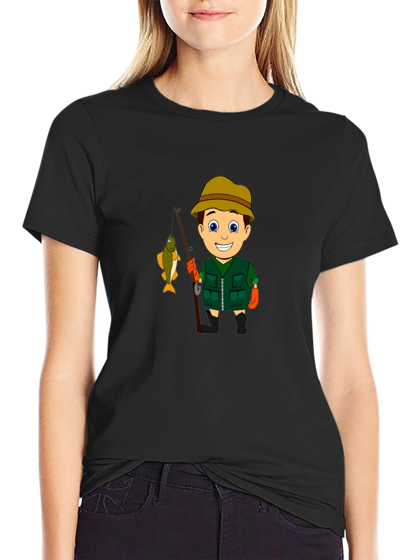 Cartoon Fisherman Graphic T-Shirt