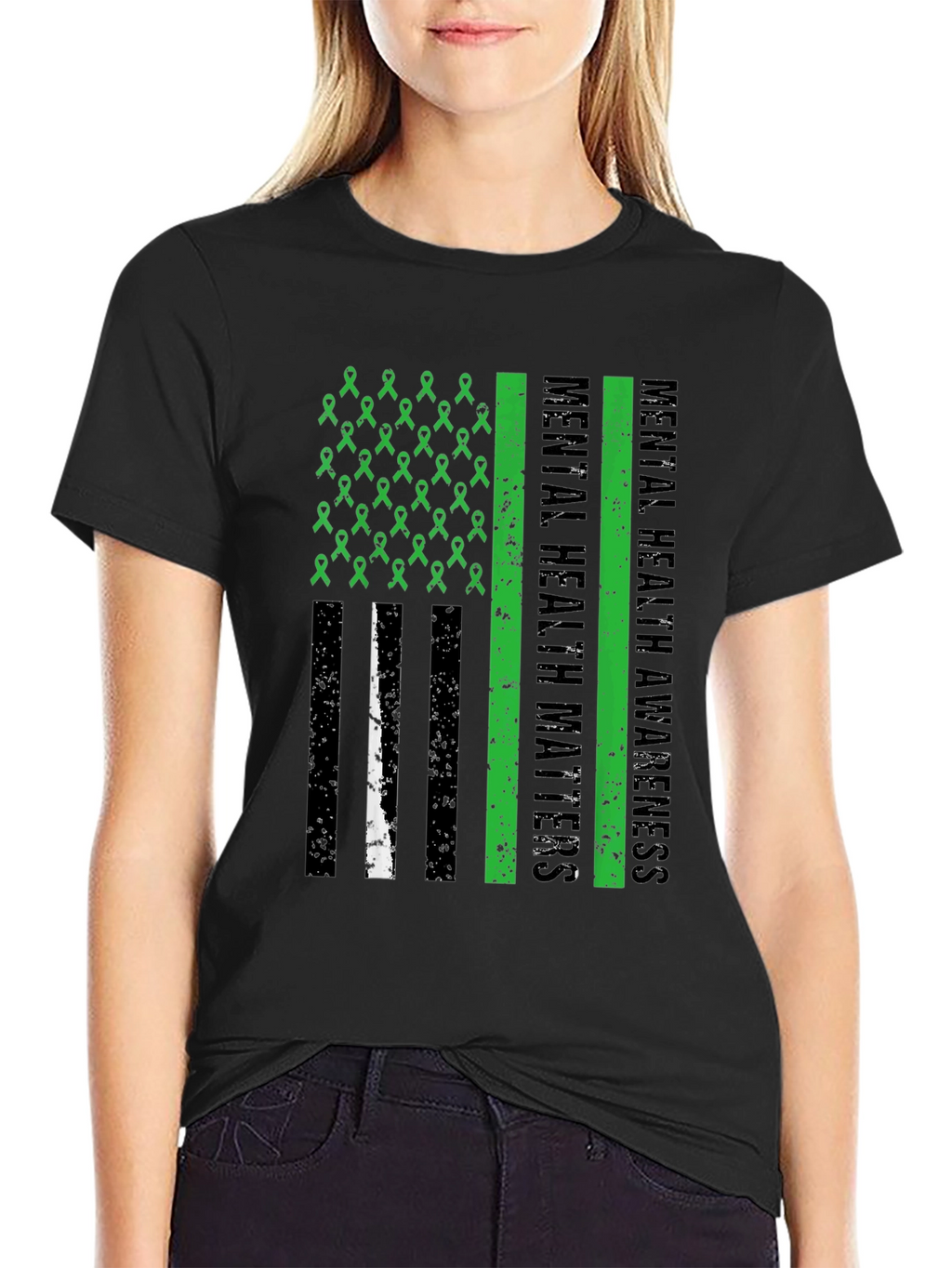 Mental Health Matters Awareness Ribbon American Flag Tee