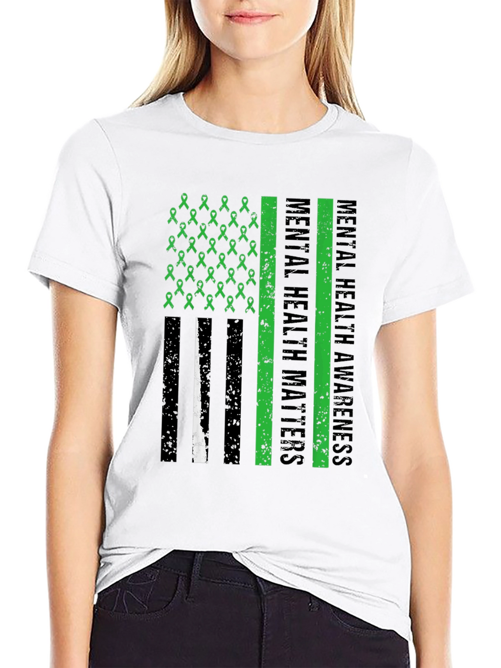 Mental Health Matters Awareness Ribbon American Flag Tee
