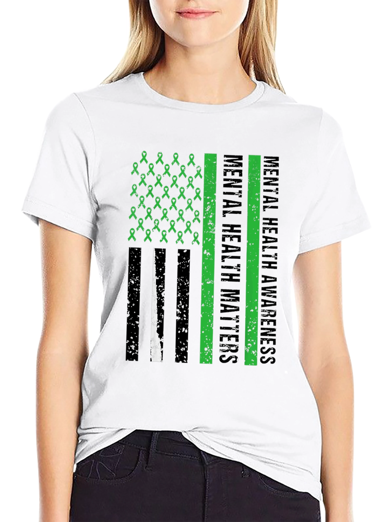 Mental Health Matters Awareness Ribbon American Flag Tee