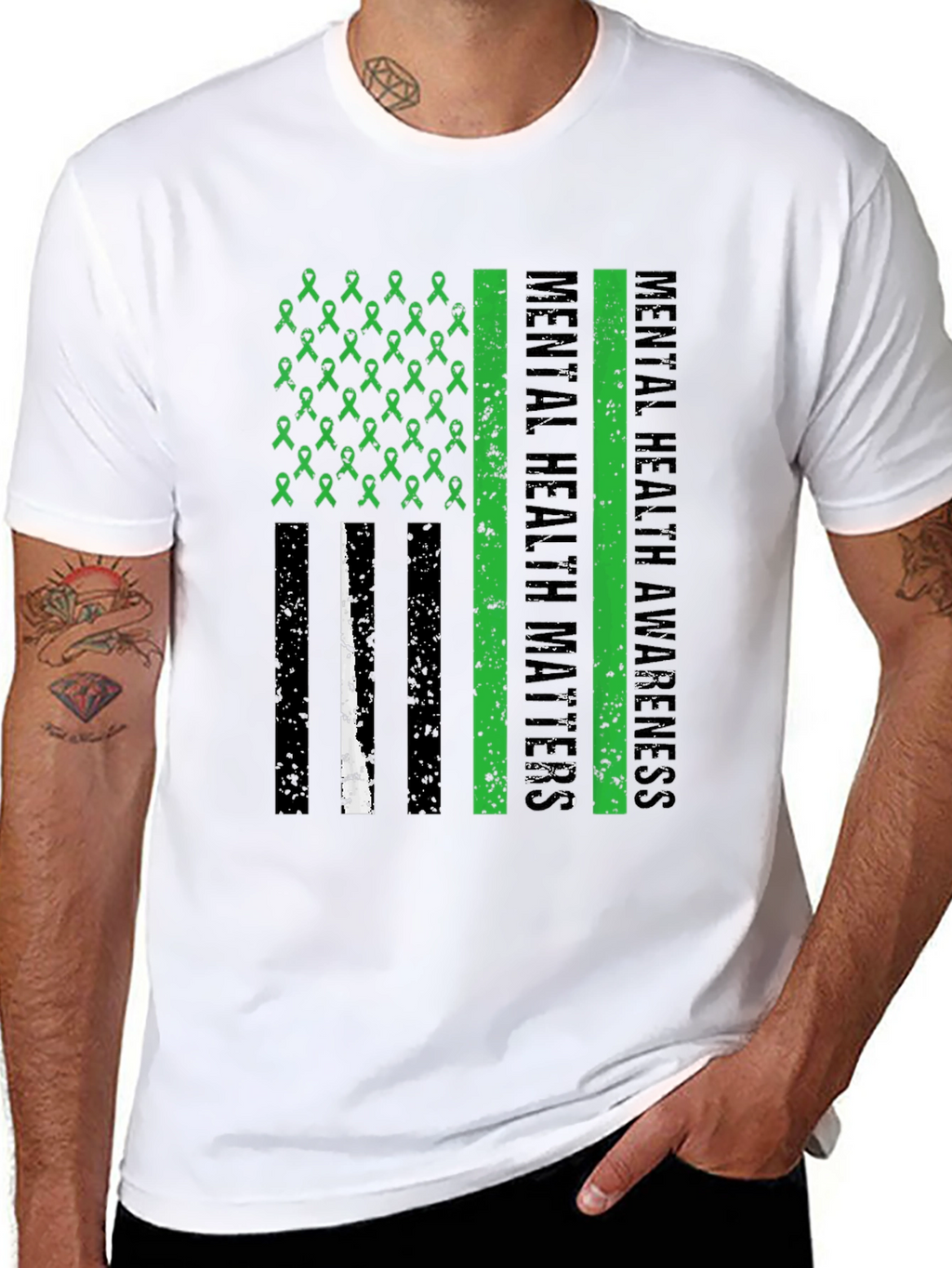 Mental Health Matters Awareness Ribbon American Flag Tee