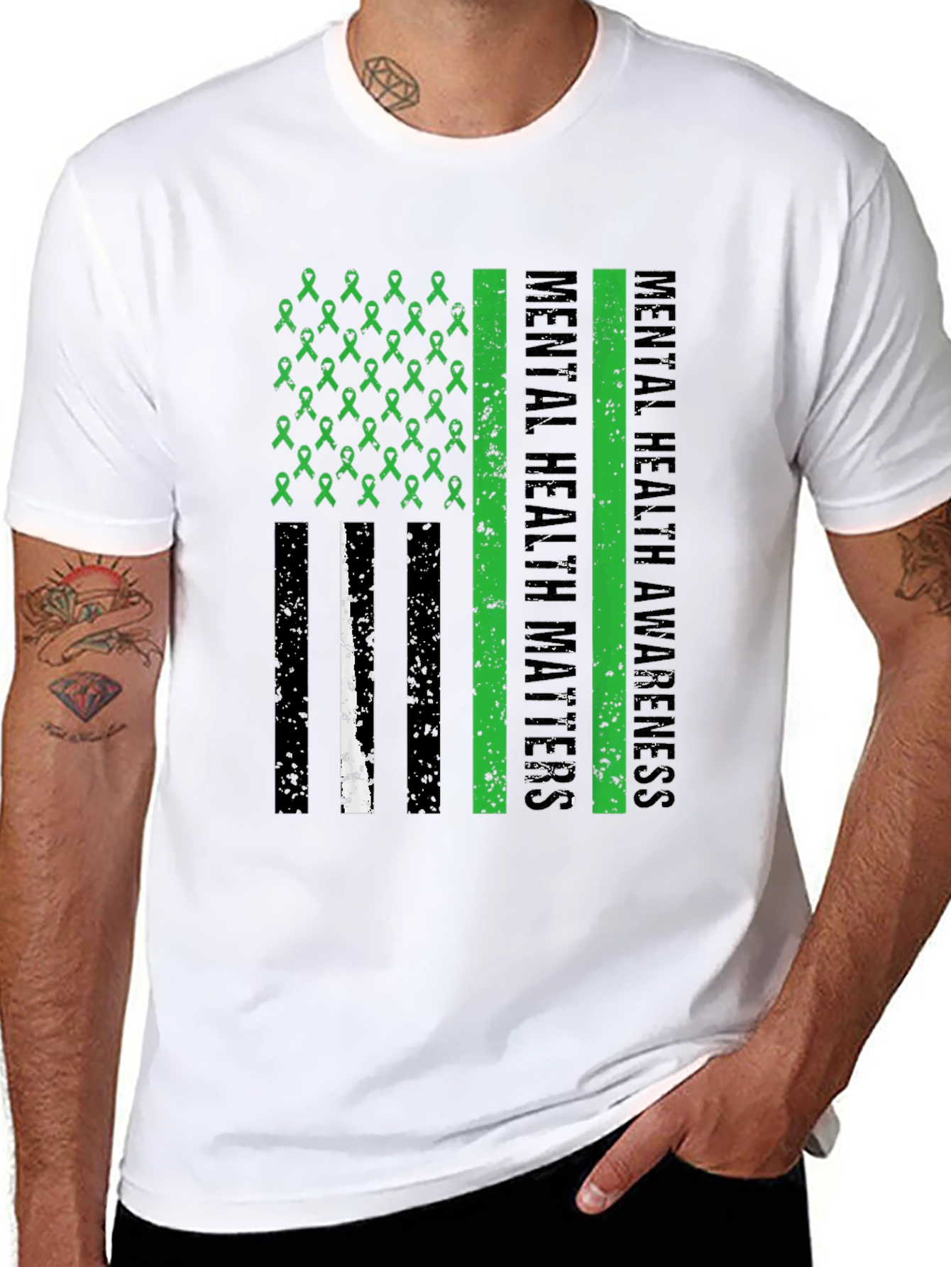 Mental Health Matters Awareness Ribbon American Flag Tee