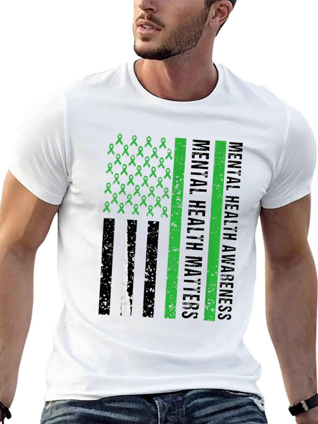 Mental Health Matters Awareness Ribbon American Flag Tee