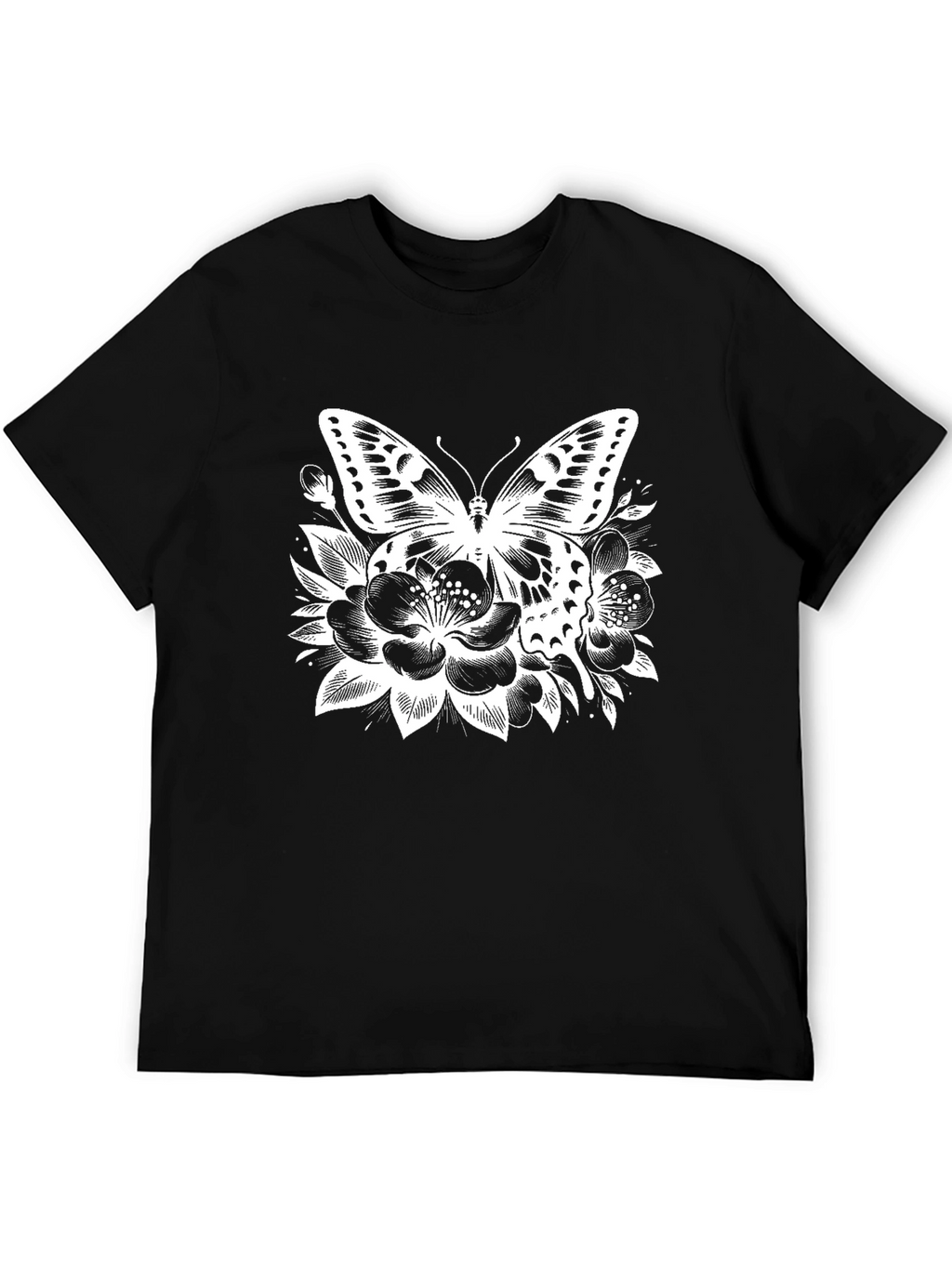 Butterfly Floral Print Black T-Shirt