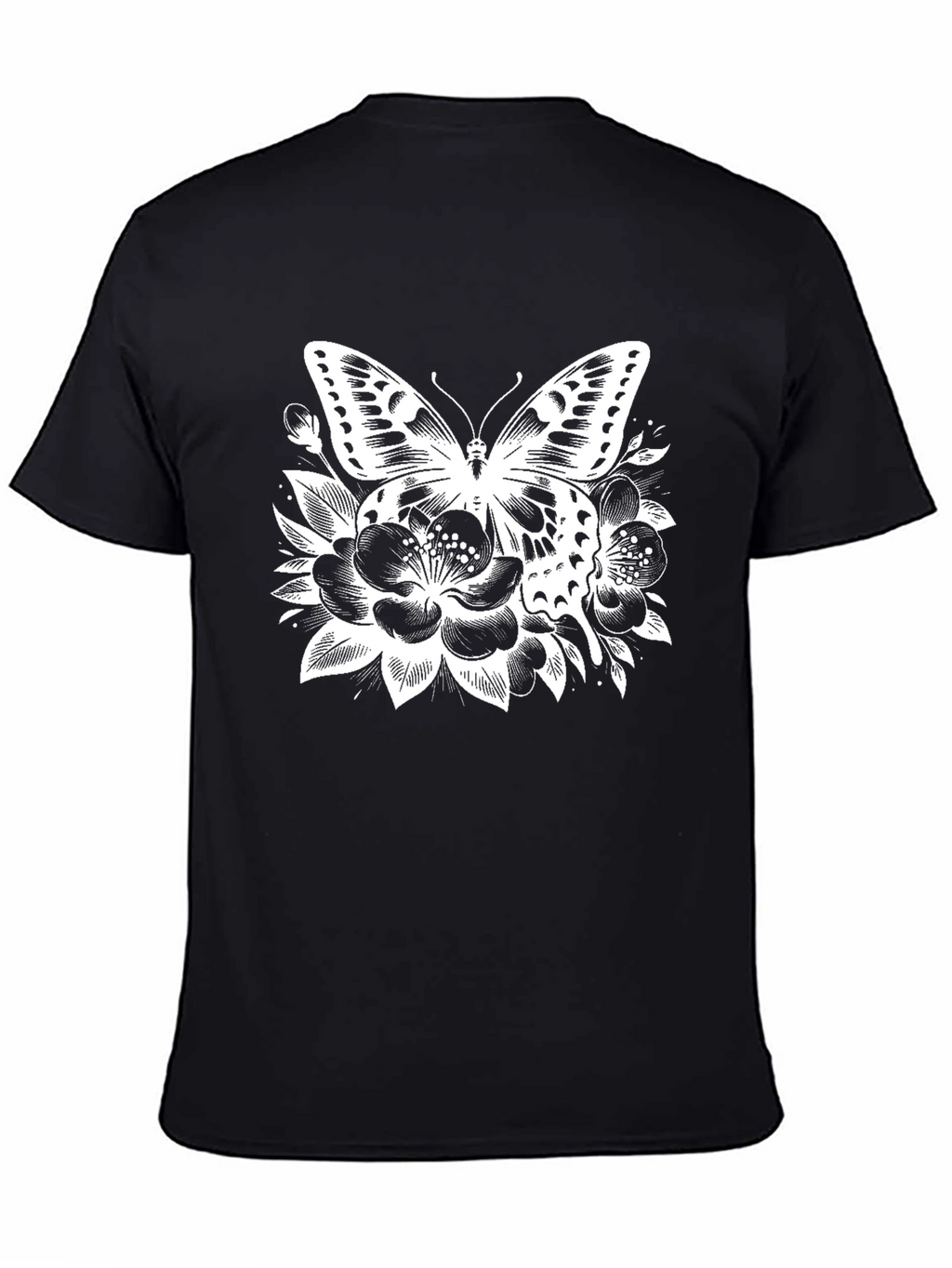 Butterfly Floral Print Black T-Shirt