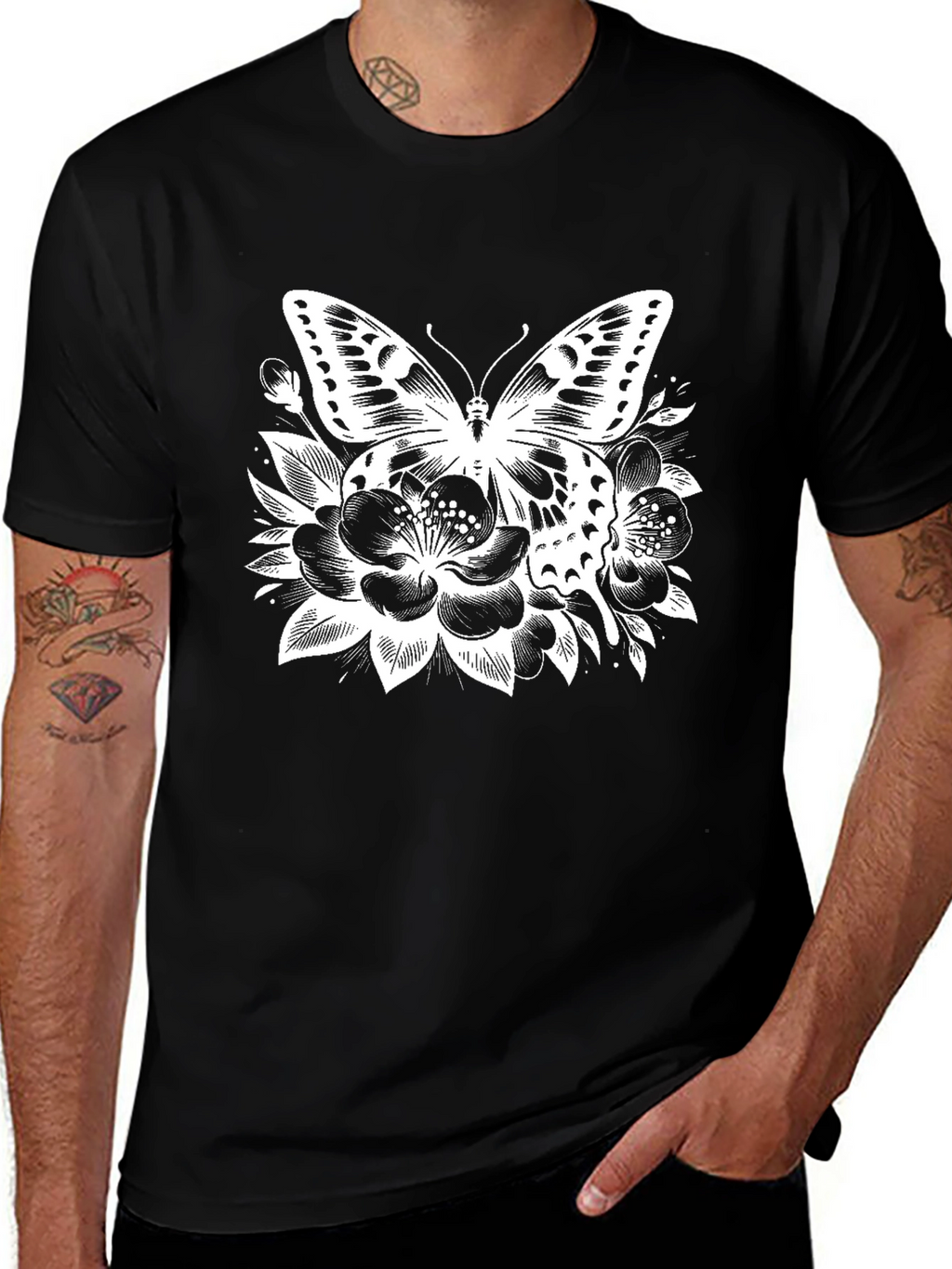 Butterfly Floral Print Black T-Shirt