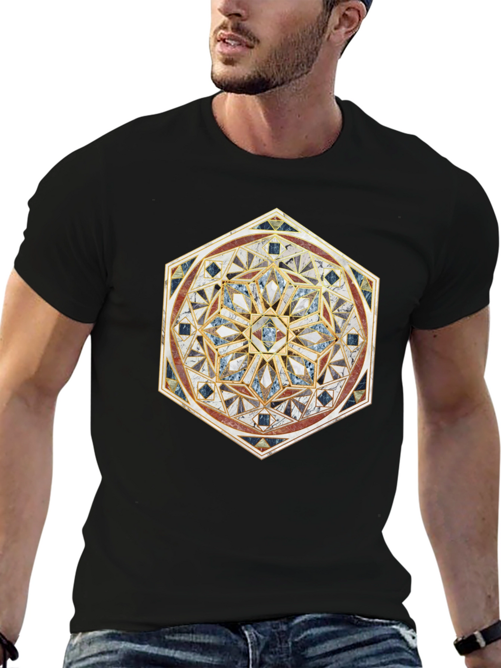 Geometric Mosaic Print Black T-Shirt