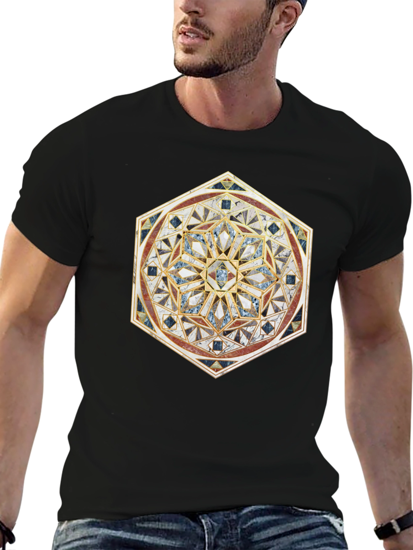 Geometric Mosaic Print Black T-Shirt