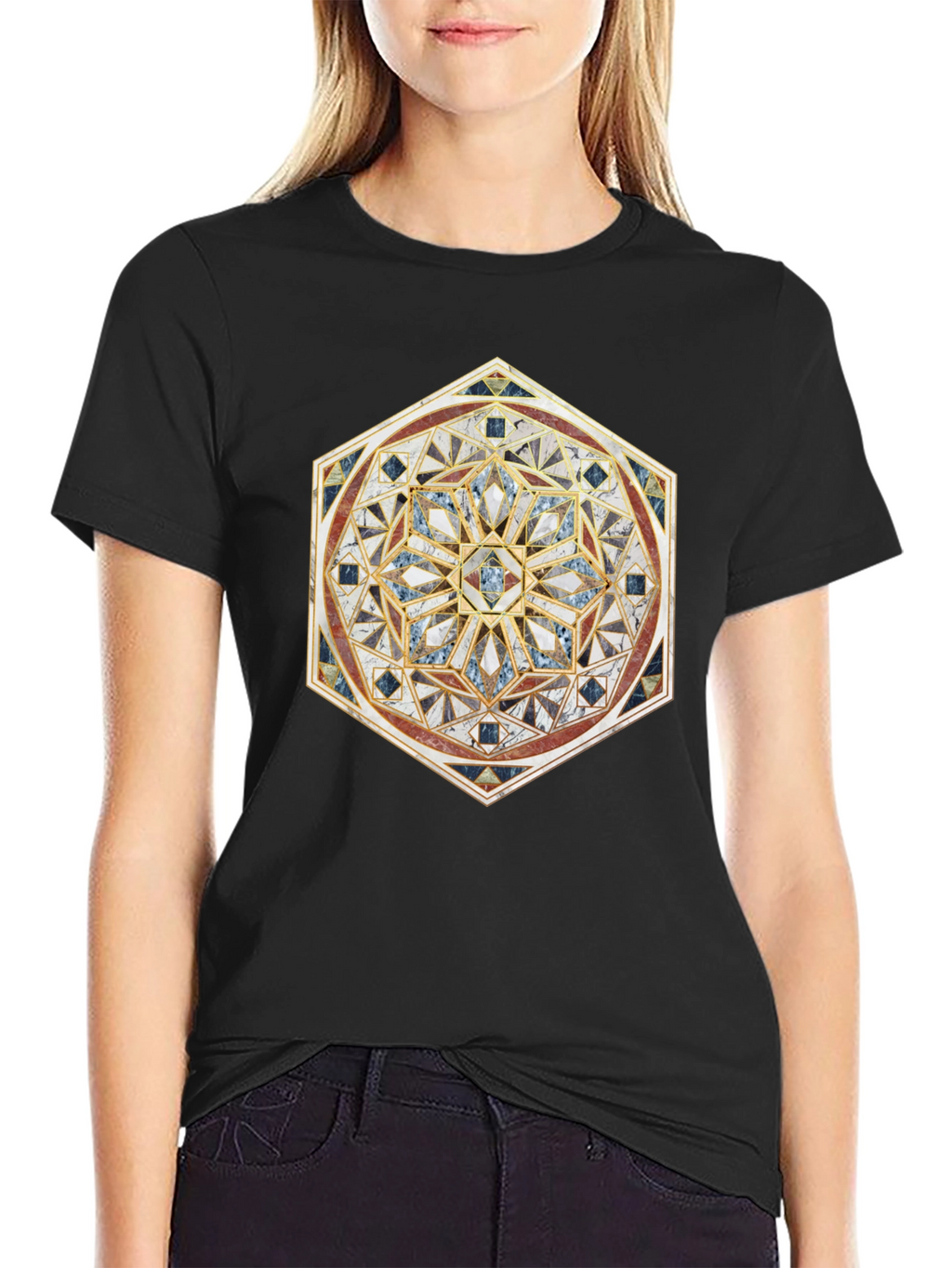 Geometric Mosaic Print Black T-Shirt