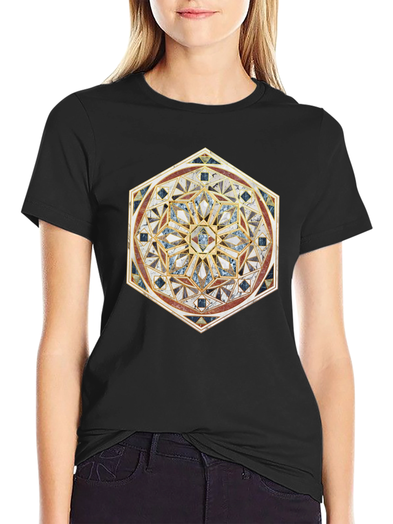 Geometric Mosaic Print Black T-Shirt