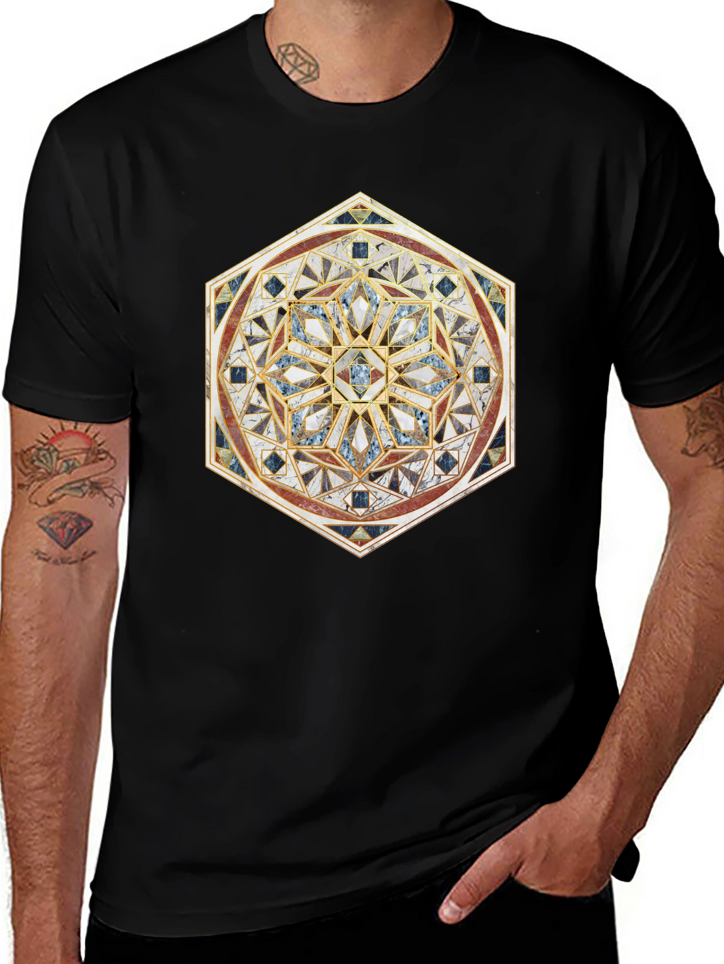 Geometric Mosaic Print Black T-Shirt