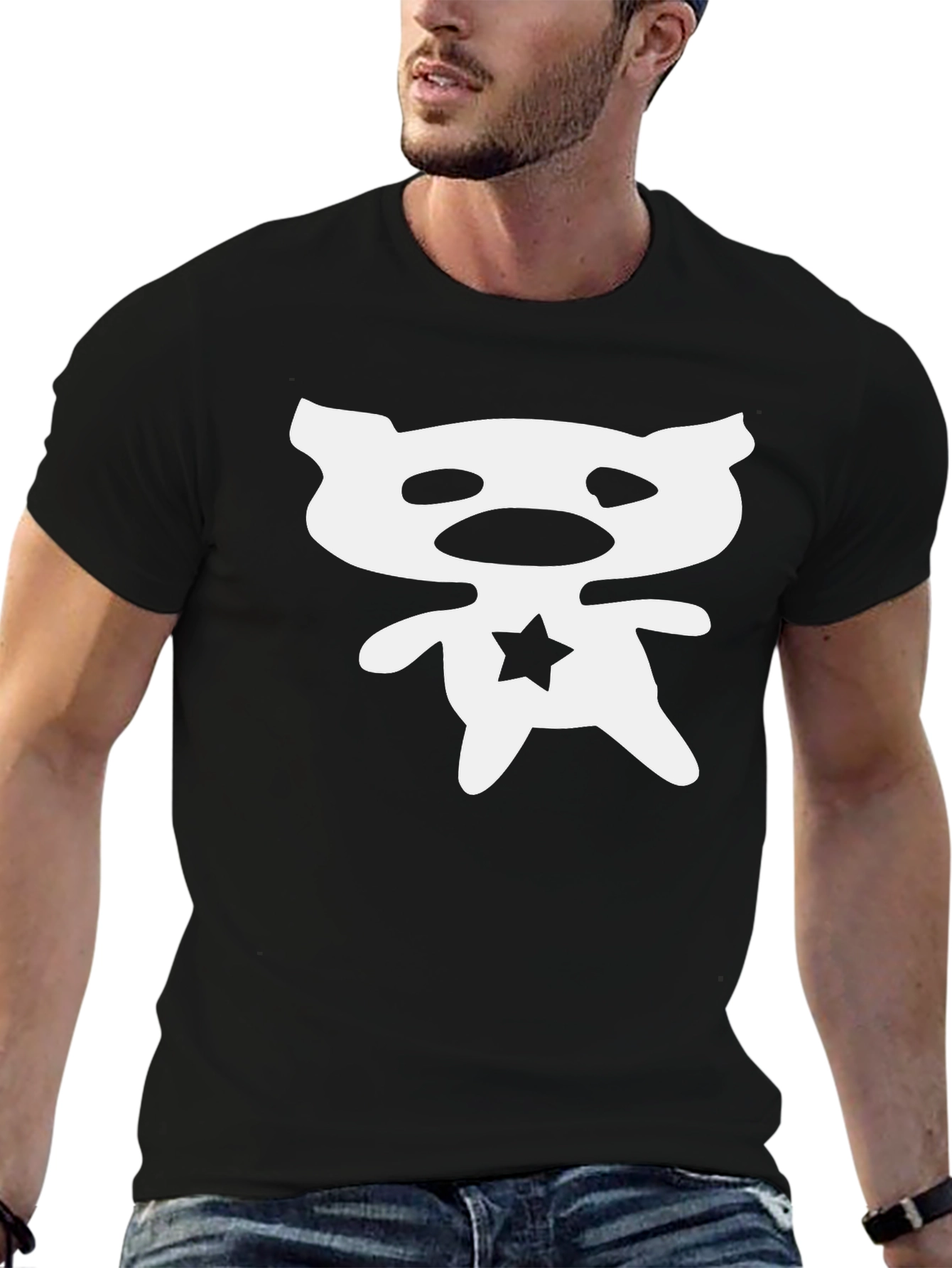 Abstract Bear Star Graphic Black T-Shirt