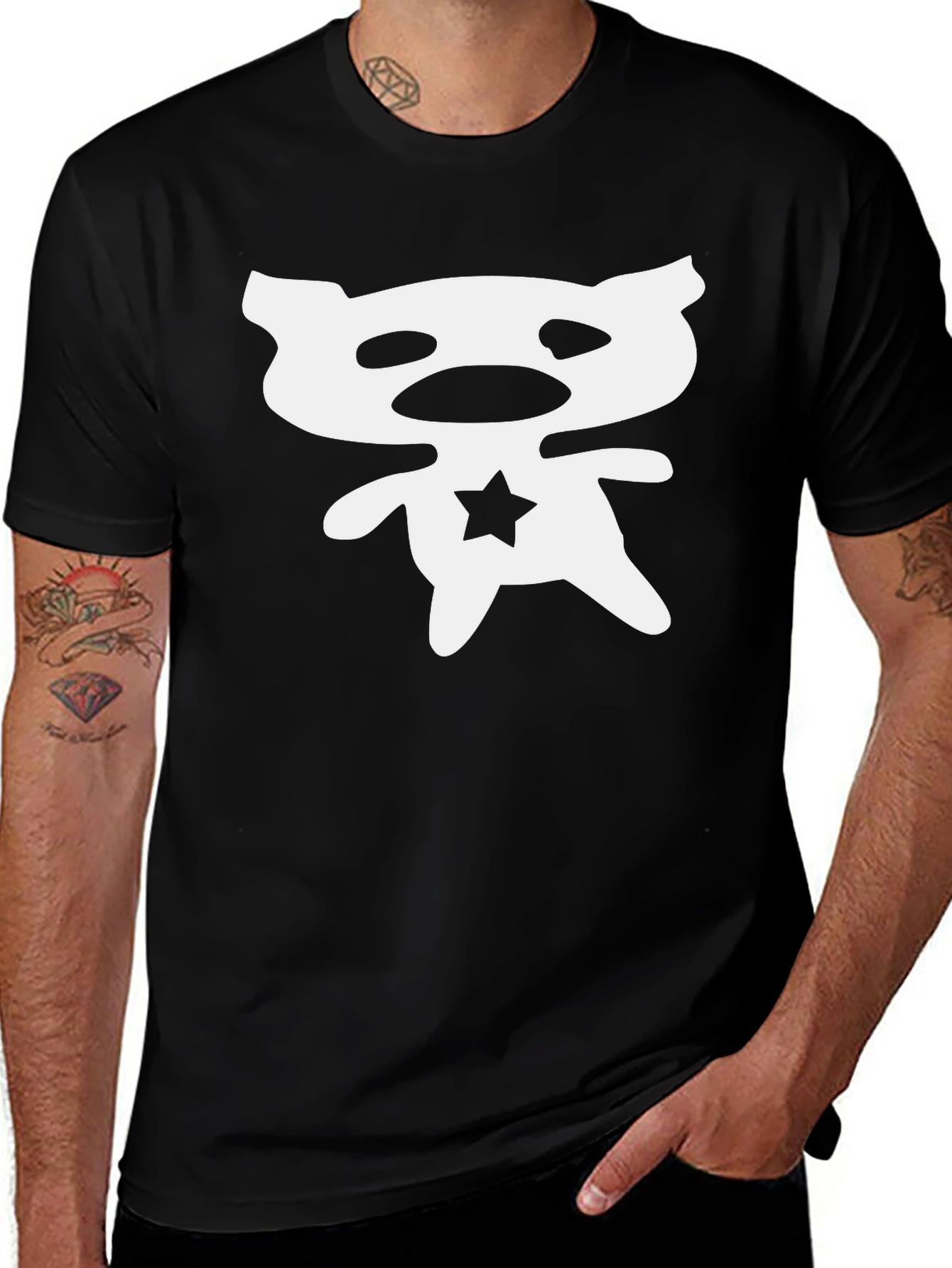 Abstract Bear Star Graphic Black T-Shirt